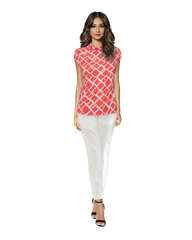 High Neck Cap Sleeve Top - Orange Square