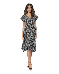 A Line Frilled and Ruffled Wrap Dress with Short Sleeves - Floral Print