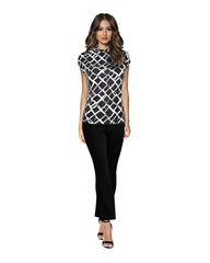 High Neck Cap Sleeve Top - Black & White Square