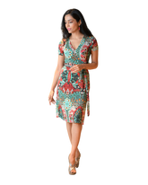 A-Line Wrap Dress with Cap Sleeves & No Collar - Happy Flowers