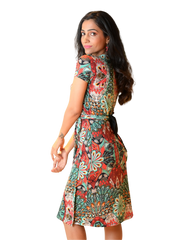 A-Line Wrap Dress with Cap Sleeves & No Collar - Happy Flowers