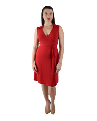 Red Sleeveless A-Line Wrap Dress with Collar
