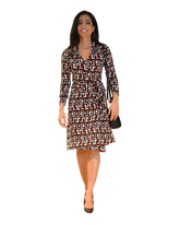 A-Line Wrap Dress with 3/4th Sleeve & Collar - Geometric Print