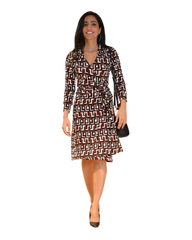 A-Line Wrap Dress with 3/4th Sleeve & Collar - Geometric Print