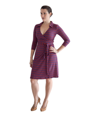 A-Line Wrap Dress, 3/4th Sleeves with Collar - Zig Zag Print
