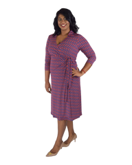 A-Line Wrap Dress, 3/4th Sleeves with Collar - Zig Zag Print