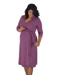 A-Line Wrap Dress, 3/4th Sleeves with Collar - Zig Zag Print