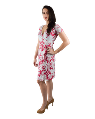 A-Line Wrap Dress with Cap Sleeves & No Collar - Floral