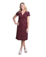 A-Line Wrap Dress with Cap Sleeves & No Collar - Heart-Me