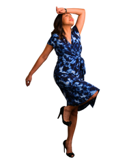 A-Line Wrap Dress with Cap Sleeves & No Collar - Tie & Dye