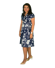 Flared A-Line Wrap Dress with Cap Sleeves - Botanic Print