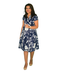 Flared A-Line Wrap Dress with Cap Sleeves - Botanic Print