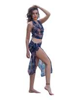 Sarong Set - Tie Back Top and Sarong Skirt with Slit - Joyous Blues Print