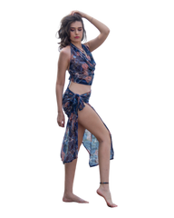 Sarong Set - Tie Back Top and Sarong Skirt with Slit - Joyous Blues Print