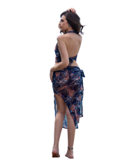 Sarong Set - Tie Back Top and Sarong Skirt with Slit - Joyous Blues Print