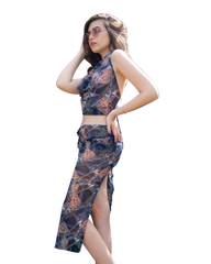 Sarong Set - Tie Back Top and Sarong Skirt with Slit - Joyous Blues Print