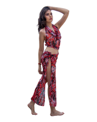 Sarong Set - Tie Back Top and Sarong Skirt with Slit - Dusky Reds Print
