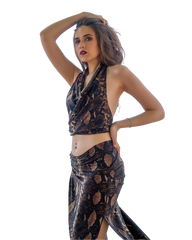 Sarong Set - Tie Back Top and Sarong Skirt with Slit in Animal Print