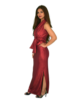 Sleeveless Fan Belt Multi Way Faux Wrap Top - Shiny Foil Red