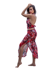 Sarong Set - Tie Back Top and Sarong Skirt with Slit - Dusky Reds Print