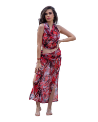 Sarong Set - Tie Back Top and Sarong Skirt with Slit - Dusky Reds Print