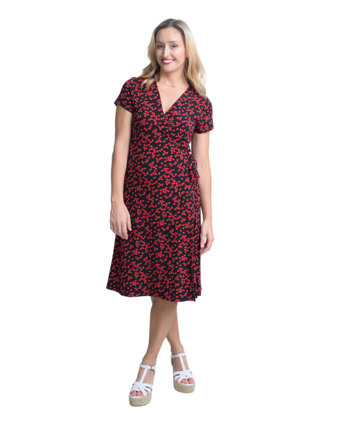 A-Line Wrap Dress with Cap Sleeves & No Collar - Heart-Me