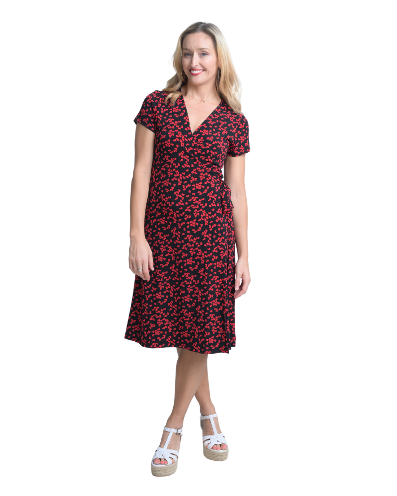 A-Line Wrap Dress with Cap Sleeves & No Collar - Heart-Me