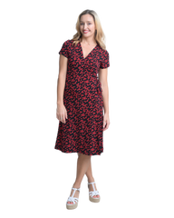 A-Line Wrap Dress with Cap Sleeves & No Collar - Heart-Me