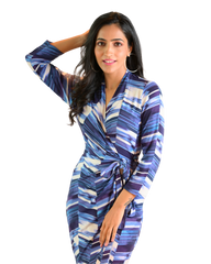 Classic Fit Wrap Dress with 3/4 Sleeves - Zig Zag Print