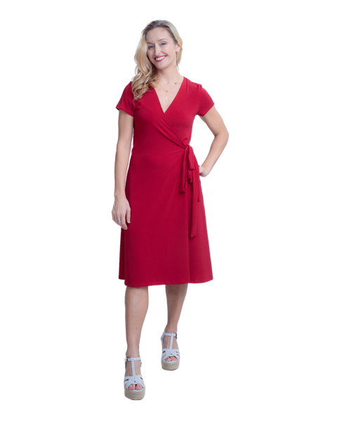 A-Line Wrap Dress with Cap Sleeves & No Collar