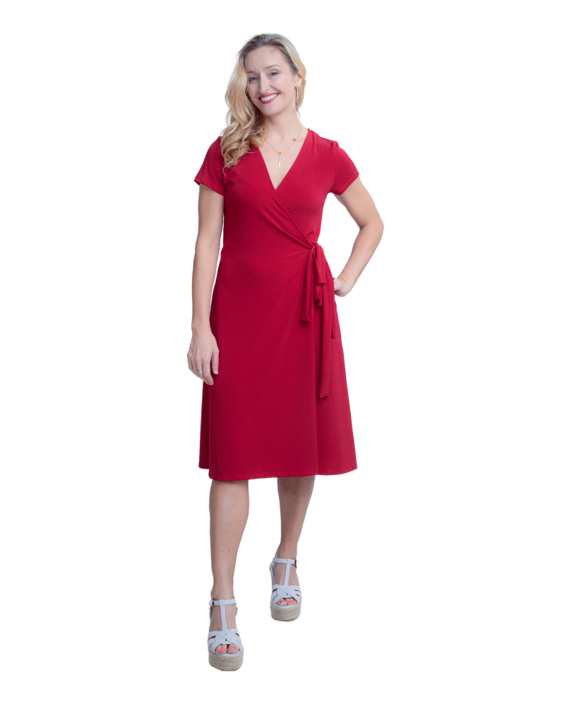 A-Line Wrap Dress with Cap Sleeves & No Collar