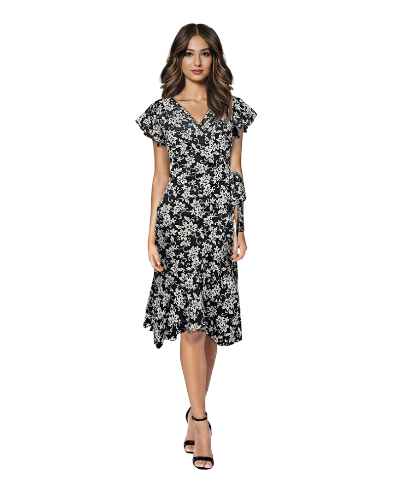 A Line Frilled and Ruffled Wrap Dress with Short Sleeves - Floral Print