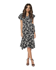 A Line Frilled and Ruffled Wrap Dress with Short Sleeves - Floral Print
