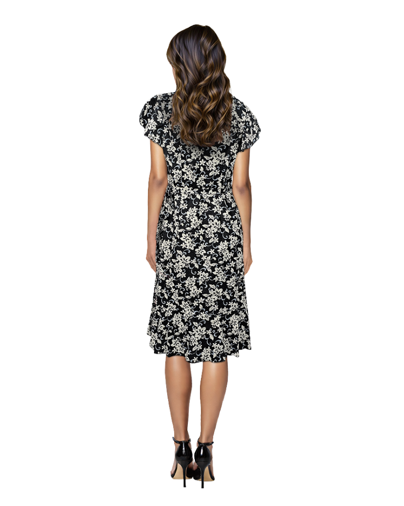 A Line Frilled and Ruffled Wrap Dress with Short Sleeves - Floral Print