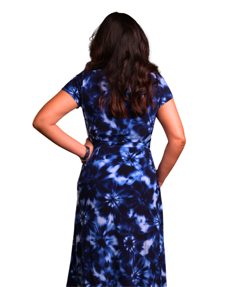 A-Line Wrap Dress with Cap Sleeves & No Collar - Tie & Dye