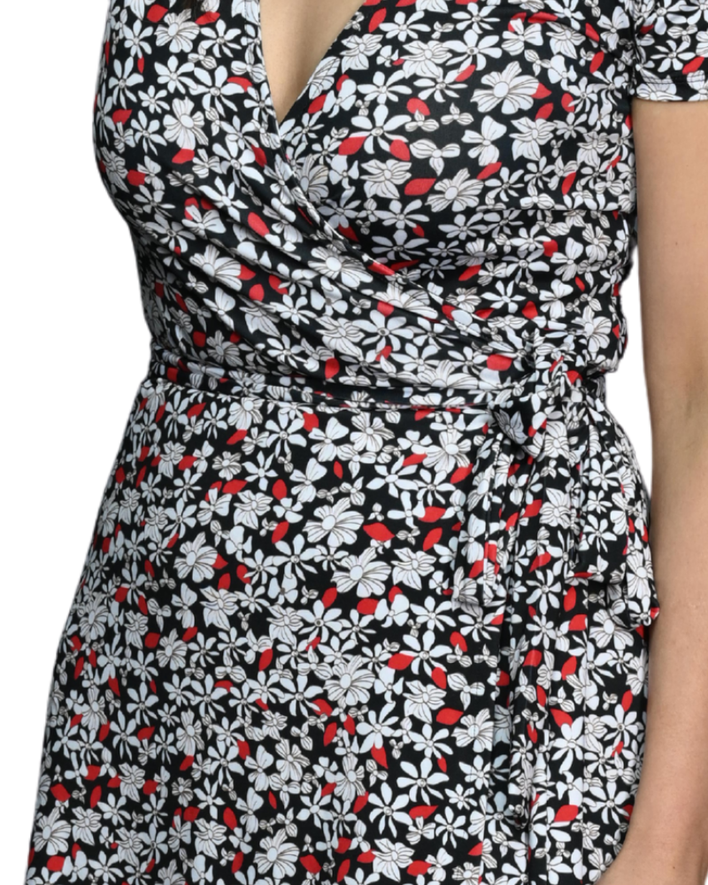 A-Line Wrap Dress with Cap Sleeves No Collar - Flowers in Flow Print