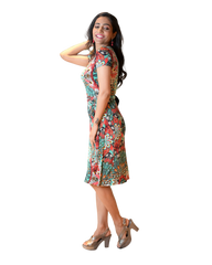 A-Line Wrap Dress with Cap Sleeves & No Collar - Happy Flowers
