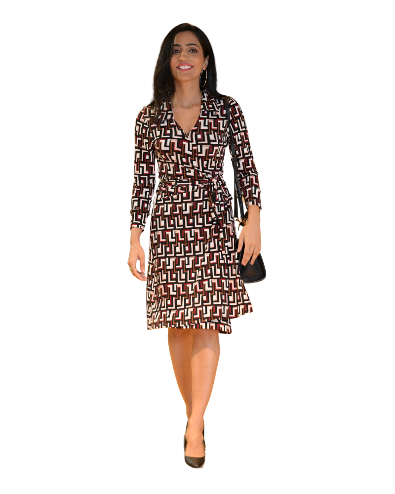 A-Line Wrap Dress with 3/4th Sleeve & Collar - Geometric Print