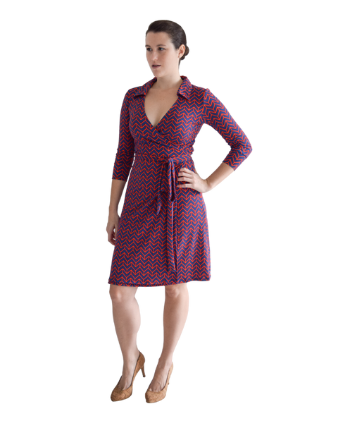 A-Line Wrap Dress, 3/4th Sleeves with Collar - Zig Zag Print