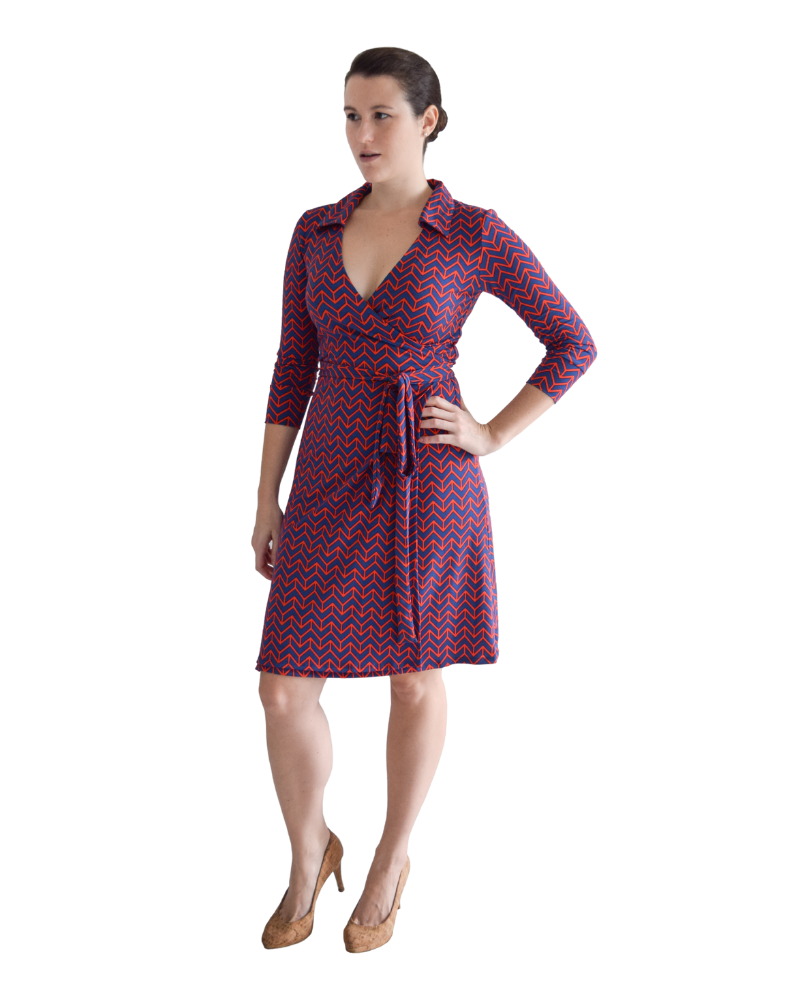 A-Line Wrap Dress, 3/4th Sleeves with Collar - Zig Zag Print