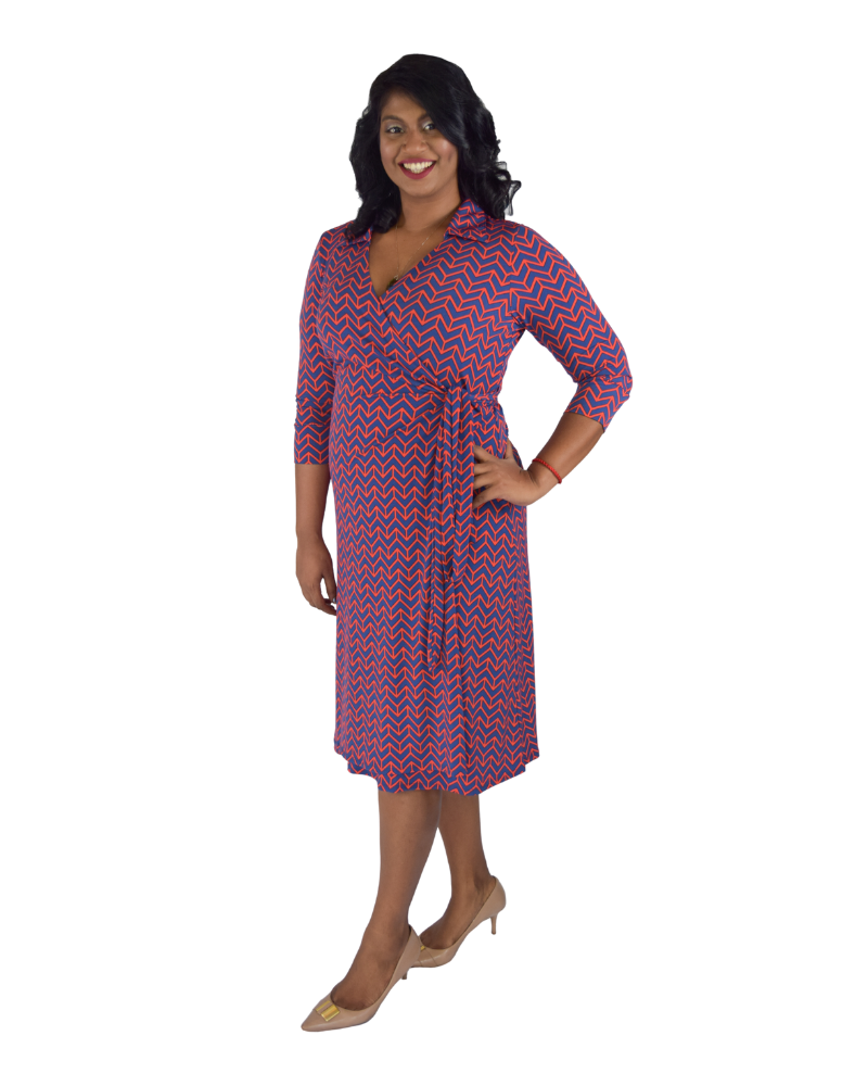 A-Line Wrap Dress, 3/4th Sleeves with Collar - Zig Zag Print