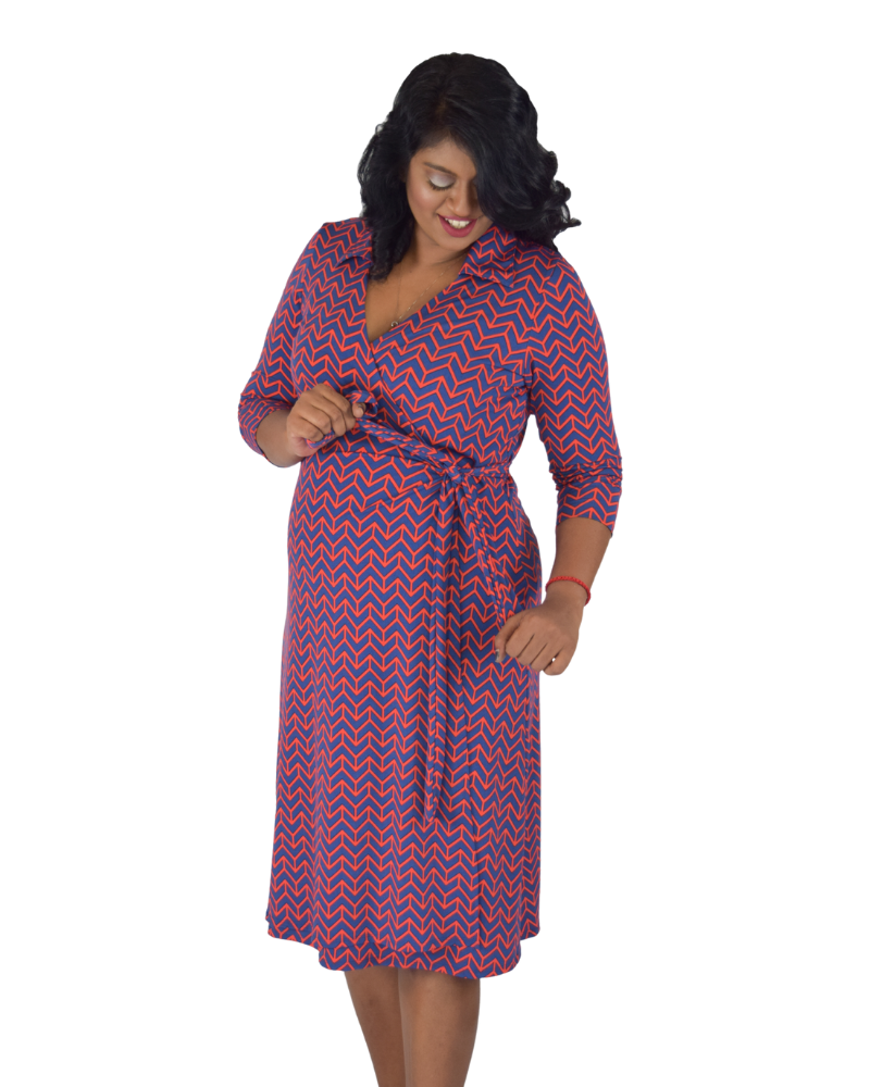 A-Line Wrap Dress, 3/4th Sleeves with Collar - Zig Zag Print