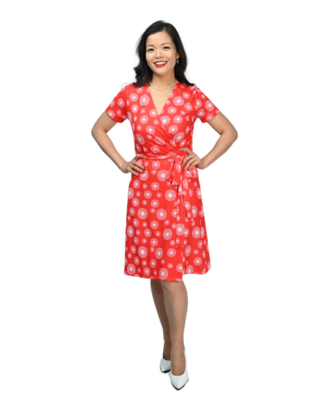 A-line Wrap Dress with Cap Sleeves & No Collar - Fantasy