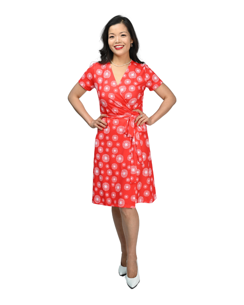 A-line Wrap Dress with Cap Sleeves & No Collar - Fantasy