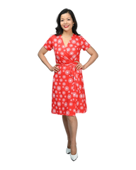 A-line Wrap Dress with Cap Sleeves & No Collar - Fantasy