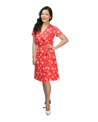 A-line Wrap Dress with Cap Sleeves & No Collar - Fantasy