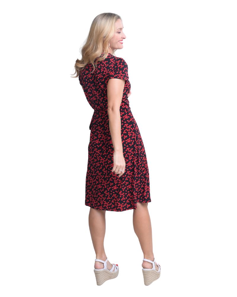 A-Line Wrap Dress with Cap Sleeves & No Collar - Heart-Me