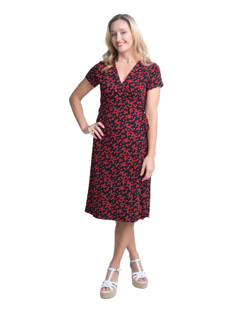 A-Line Wrap Dress with Cap Sleeves & No Collar - Heart-Me