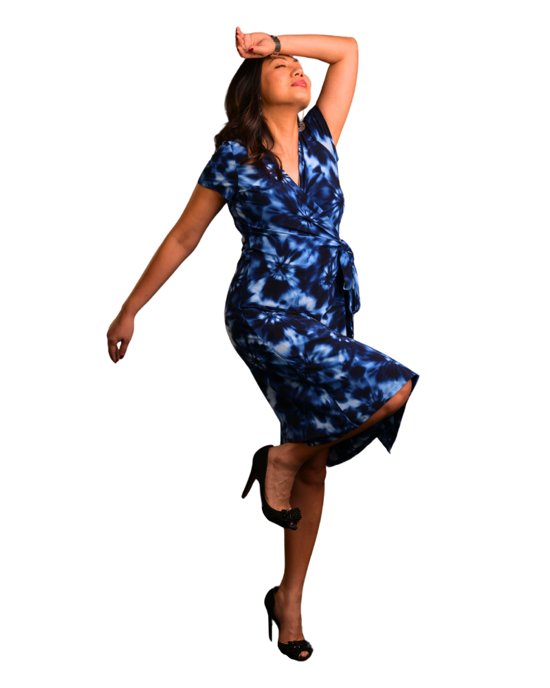 A-Line Wrap Dress with Cap Sleeves & No Collar - Tie & Dye