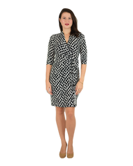 Classic Fit Wrap Dress with 3/4th Sleeves & Collar - Leaf Print